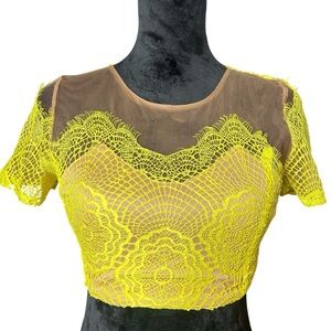 Tobi Yellow Green Lace Scalloped Brown Mesh Cropped Women’s Size Small